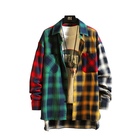 2022 new personality patchwork red plaid shirt men's street casual hip hop long-sleeved shirt men's loose shirt large size M-5XL ► Photo 1/6