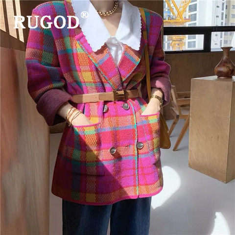 RUGOD Fashion Bright Pink Green Plaid Knit Suit Korean Elegant Notched Collar Belted Vintage Jacket Autumn Winter Women's Suits ► Photo 1/6