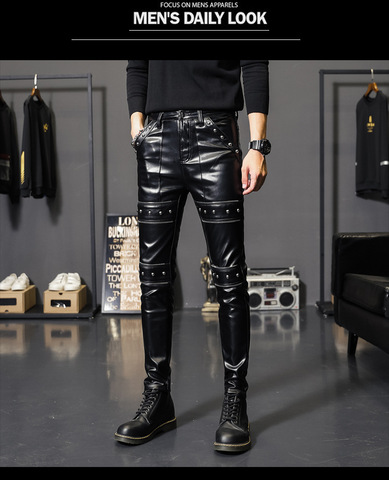 2022 men thick rivet decoration leisure leather pants tight fashion PU leather pants teenagers cultivate one's morality and feet ► Photo 1/1