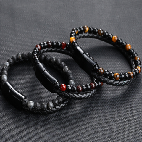 2022 Fashion Men Jewelry Natural Stone Genuine Leather Bracelet Black Stainless Steel Magnetic Clasp Tiger eye Bead Bracelet Men ► Photo 1/6