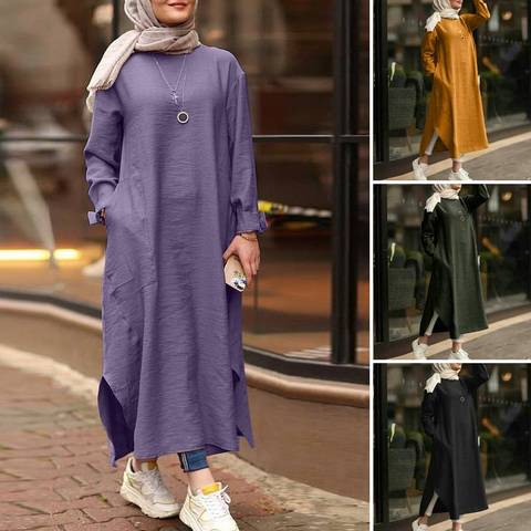 ZANZEA 2022 Kaftan Muslim Maxi Dress Women's Islamic Sundress Long Sleeve Vestidos Female Casual Solid Robe Femme Plus Size 5XL ► Photo 1/6