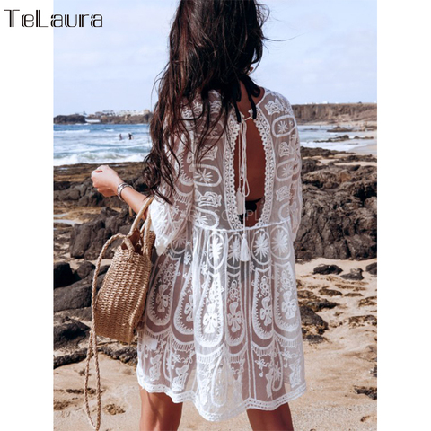 2022 New Sexy Beach Cover Up Swimsuit White Beach Lace Dress Women Bikini Swimwear Bathing Suit Summer Beach Wear ► Photo 1/6