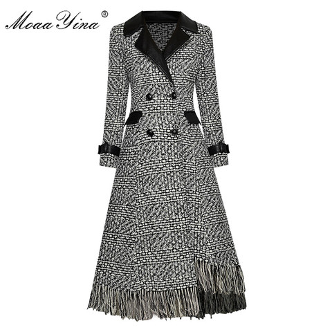 MoaaYina Fashion Woolen cloth Plaid Windbreaker Overcoat Autumn Women Double breasted Asymmetric Tassel Long sleeve Overcoat ► Photo 1/6