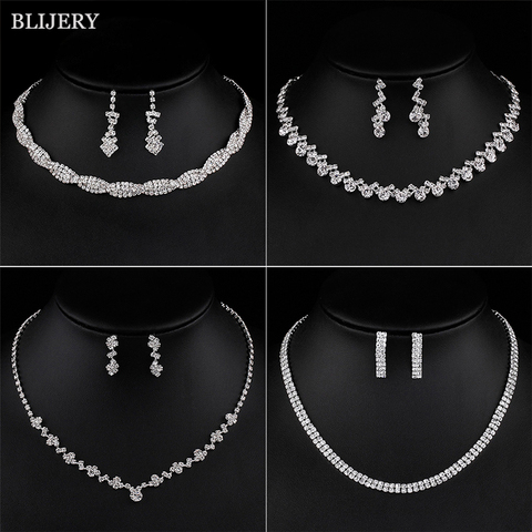 BLIJERY Silver Plated Crystal Bridesmaid Bridal Jewelry Sets Geometric Choker Necklace Earrings for Women Wedding Jewelry Sets ► Photo 1/6