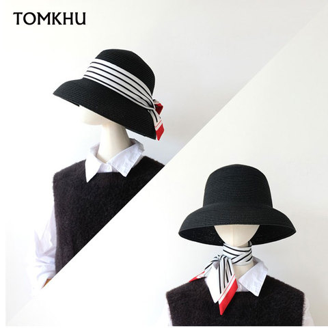 TOMKHU Elegant Vintage French Hepburn Black Mesh Red Straw Hat UV Beach Hat Female Summer Big Brim Vacation Women Sun Cap ► Photo 1/1