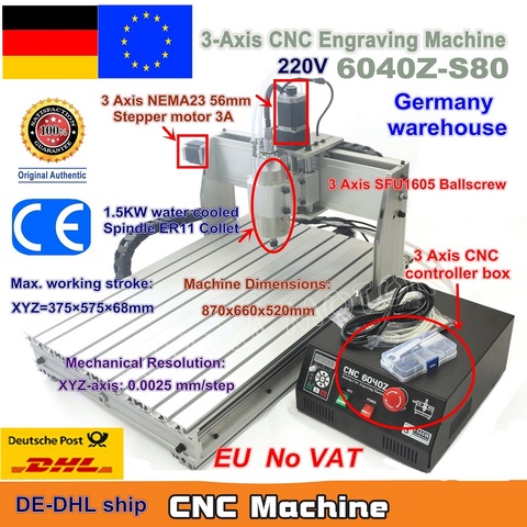 【DE free VAT】 3 Axis Mach3 6040 Z-S80 1500W 1.5KW Spindle Motor CNC Router Engraver Engraving Cutting Milling Machine 220VAC ► Photo 1/6