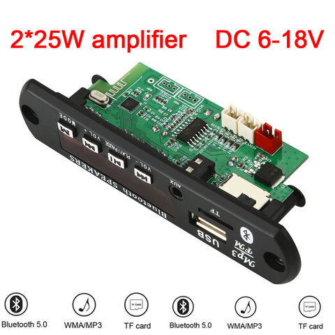 2*25W  50W Amplifier MP3 Player Decoder Board 5V-18V Bluetooth 5.0 Car FM Radio Module Support TF USB AUX 3.5 WMA Player Decoder ► Photo 1/6