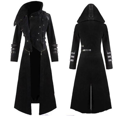 Steampunk Goth Long Trench Top Coat Men Military Peacoat High Collar Hooded Jacket Halloween Assassin Costume For Men 4XL 5XL ► Photo 1/6