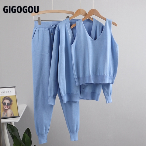 GIGOGOU Women Tracksuits Chic 2 Piece Set Costume Knitted Solid Lounge Suit Cardigan Sweater + Jogger Pants+ Sleeveless Tank Top ► Photo 1/6