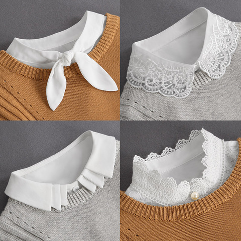 Front Tie White Fake Collar Stand Beads Detachable Collar Fake Women Vintage Crystal Lace Ladies False Blouse Collar Half Shirt ► Photo 1/6