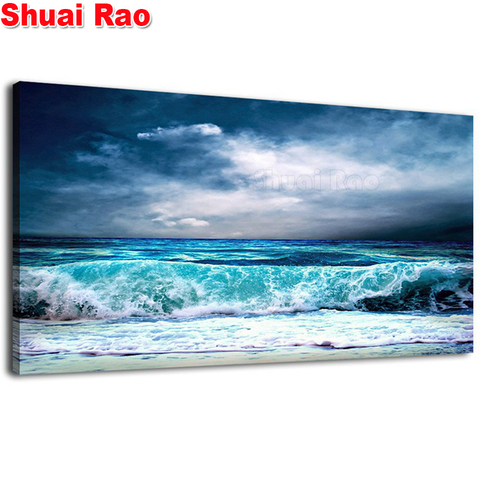 Big Size Full Square Round Mosaic Diamond Embroidery Ocean Aqua Waves Picture Stormy Weather Blue Sky 5D DIY Diamond Painting ► Photo 1/6