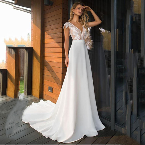 SoDigne Elegant Satin V-neck A-line Wedding Dresses 2022 Boho Bridal Gowns Backless Vestido de noiva Plus size Wedding Dress ► Photo 1/6