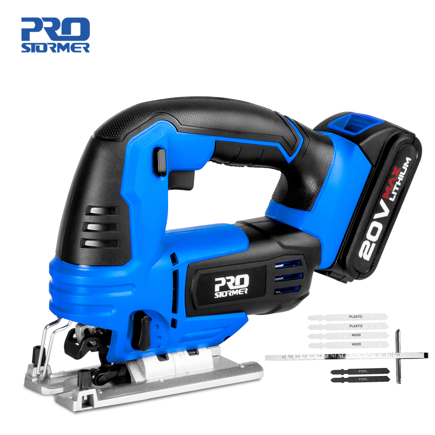 20V Jig Saw Woodworking Cordless Jigsaw Quick Blade Change Electric Saw LED  Light Guide With 6 Pcs Blades Power Tools PROSTORMER