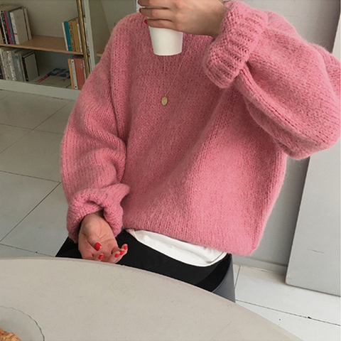 Pink Women Sweater Pullover Female Knitting Overszie Sweaters Long Sleeve Girls Loose Elegant Knitted Thick Outerwear Plus Size ► Photo 1/6