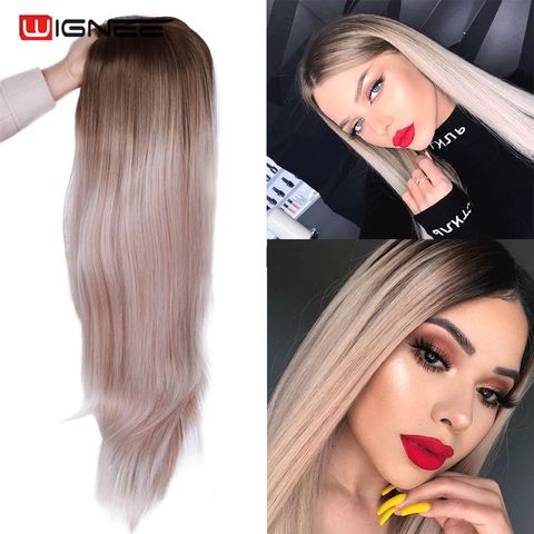 Ombre Ash Brown Blonde Wig Long Straight Synthetic Hair Wigs With Bangs 28  Inch