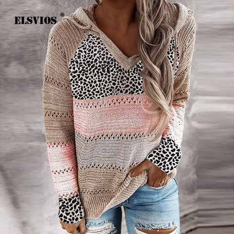 Women Zipper Hollow Out Knitted Hooded Sweater Stripe Patchwork Autumn Winter Sweater Casual V Neck Long Sleeve Pullover Sweater ► Photo 1/6
