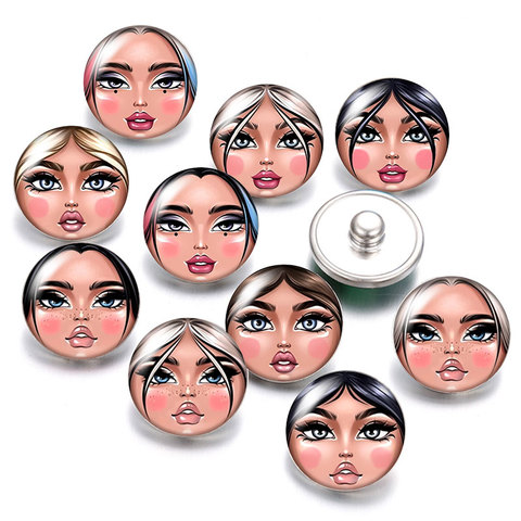 Fashion Girl Face beauty 18mm snap buttons 10pcs mixed round photo glass cabochon style for 18mm snap bracelets jewelry Gift ► Photo 1/6