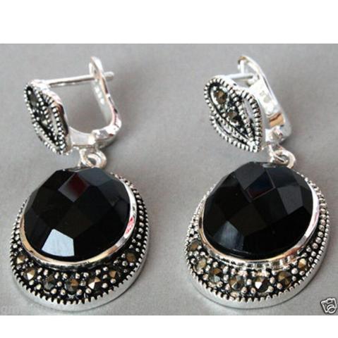 Free Shipping  hot sell new - Vintage 925 Sterling Silver Natural Faceted Black jade Onyx Marcasite Earrings ► Photo 1/1