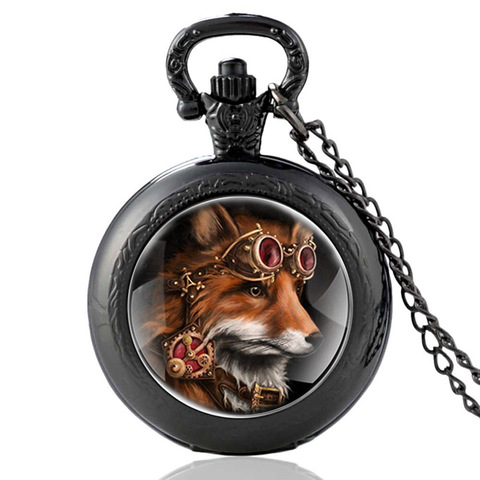 Classic Steampunk Fox Design Glass Cabochon Quartz Pocket Watch Vintage Men Women  Pendant Necklace Chain Clock ► Photo 1/6