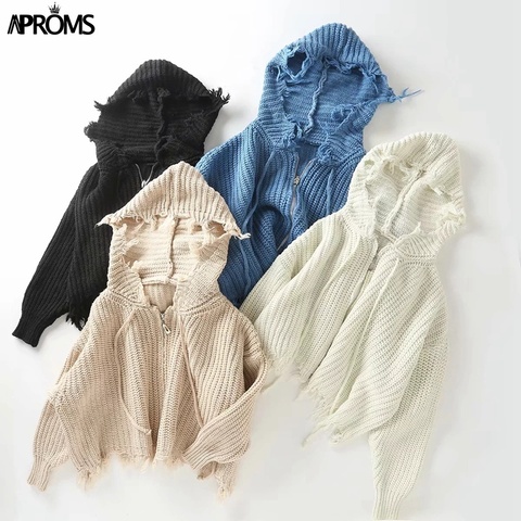 Aproms Casual Tassel Hooded Knitted Sweater Women Zipper Loose Cropped Cardigans 2022 Winter Coat Cool Gilrs Streetwear Jumper ► Photo 1/6