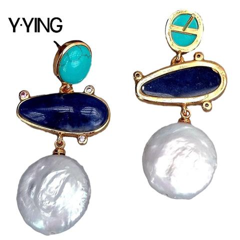 Y·YING natural Cultured White Coin Pearl Sodalite howlite  gold color plated geometric shape stud  Earrings for women ► Photo 1/6