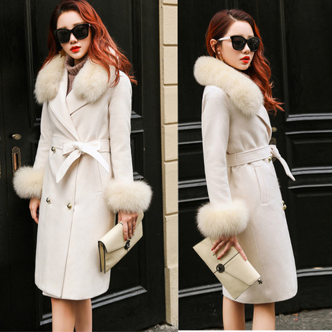 Real Fox Fur Collar Long Sleeve Hand-sewn Fleece Cashmere Coat Long Female Wool Coat rf0165 ► Photo 1/6