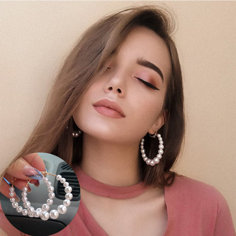 Fashion Women's Round White Pearl Hoop Earrings 2022 Korean Gold Large Circle Temperament Earrings Jewelry Wholesale ► Photo 1/6