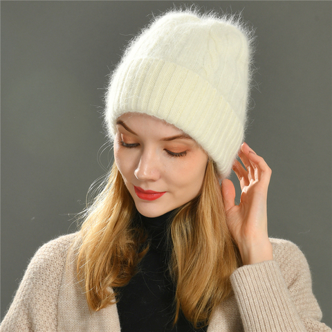 Female Cashmere Blend Winter Hat Long Fur Warm Soft Wool Knitted Hats Women Skullies Beanies Wholesale ► Photo 1/6