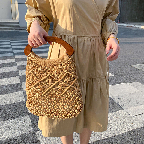 vintage wooden handle rattan women handbags wicker woven hollow lady large totes casual summer beach straw bag travel big purses ► Photo 1/6