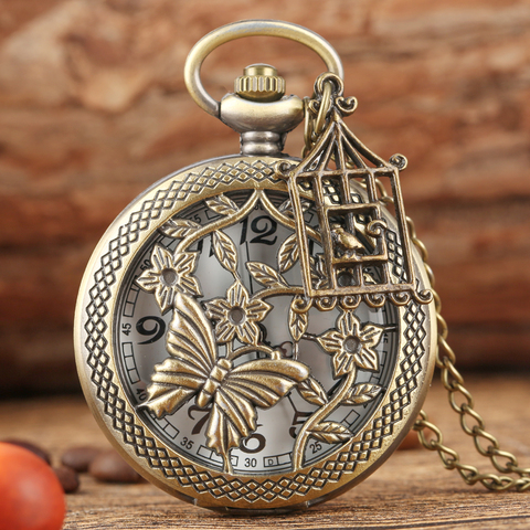 Bronze Butterfly and Flower Retro Style Necklace Pocket Watch Chain Steampunk Pendant Quartz Fob Watch Clock with Accessory 2022 ► Photo 1/6
