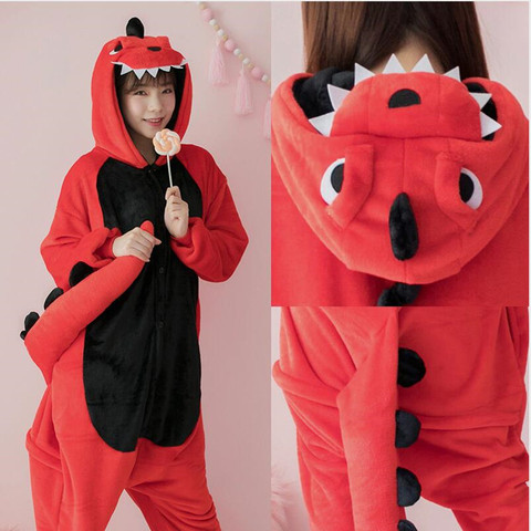 Flannel Dinosaur Kigurumi Pajama Women Male Winter Homewear Girl Onesie Flannel Animal Cosplay Costume Party Jumpsuit Adult Warm ► Photo 1/5