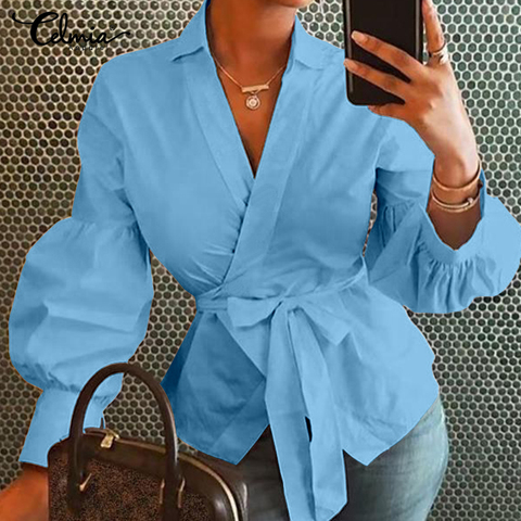 Women Tops and Blouses Celmia Autumn Lantern Sleeve Tunic Shirts Casual  Loose V-Neck Ladies Blusas femininas Belted Plus Size - Price history &  Review, AliExpress Seller - YUYU Clothes Store