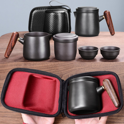 Yixing Purple sand tea set black/red Ceramic Japanese Tea Cup Set Portable Travel Teaware Kung Fu Teaset Cup 1 Pot 2 Cups Gaiwan ► Photo 1/6