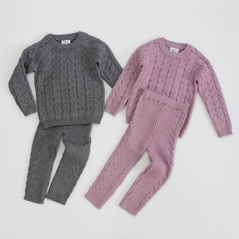 Infant Baby Boys Girls Knit Base Shirt Long Sleeve Top + Pants Clothing Sets Autumn Winter Kids Pure Color Boy Girl Suit Clothes ► Photo 1/6