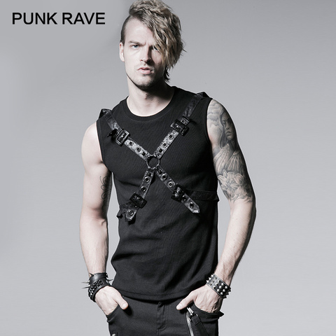 PUNK RAVE Gothic Black 100% Cotton Rib Summer Vest Fashion Chest Crossband Haulage Motor Men Cool Vest ► Photo 1/6