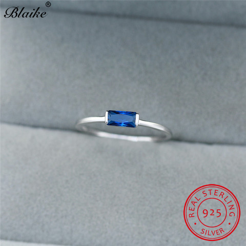 Real s925 Sterling Silver Ring Blue Red Black Zircon Small Rectangle Stone Rings For Women Wedding Thin Ring Band Stacking Rings ► Photo 1/6