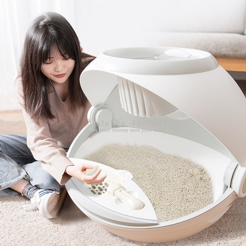 Cat Litter Box with Cat Litter Scoop Carbon Filtered Fully Enclosed Rounded Roll-Top Lid Spill prevention Cat Toilet Tray Box ► Photo 1/5
