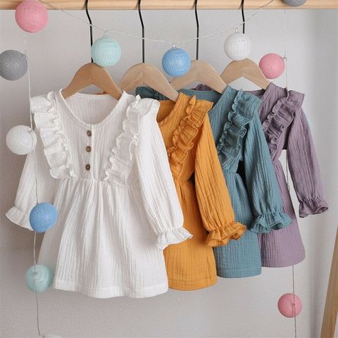 0-5Y Toddler Kids Baby Girl Autumn Dress Ruffles Long Sleeve Solid Cotton Linen Party Casual Dress Clothes ► Photo 1/6