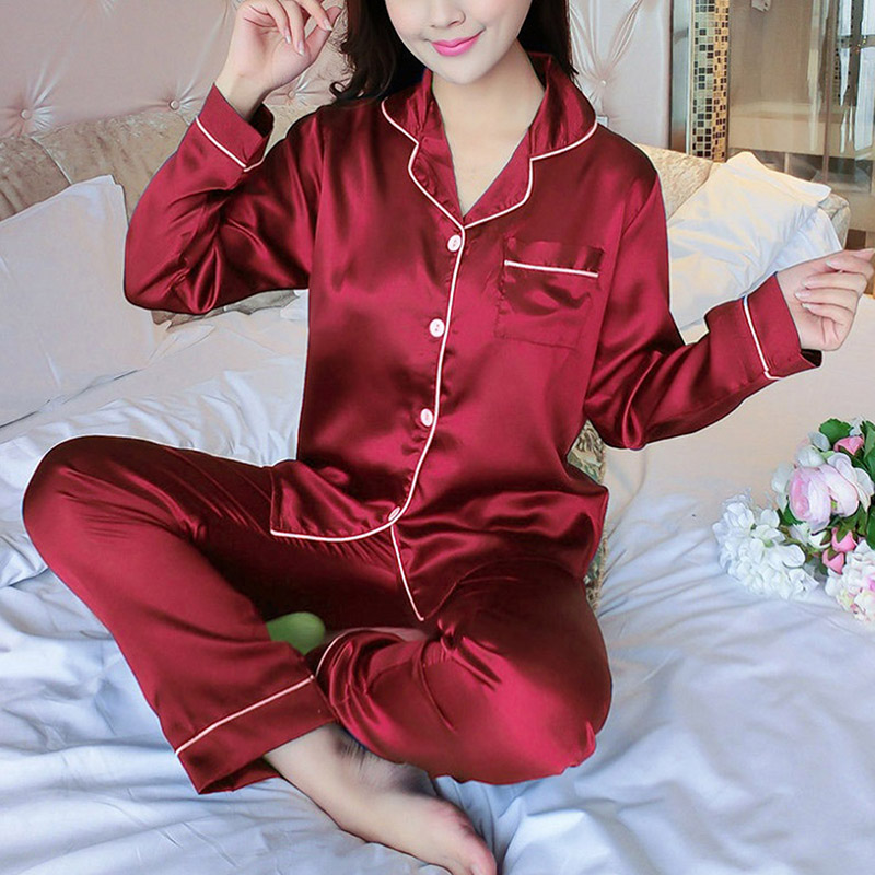 Women's Autumn Pajama Sets Silk Satin Sleepwear Nightgown Homewear Nightwear 