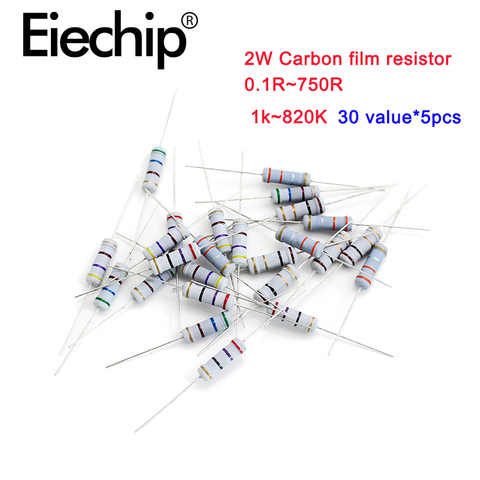 150pcs/lot 2W Metal film resistors 1% 1k~820K, Carbon film resistor 5% 0.1R-750R ,30 value  Wirewound resistance assortment kit ► Photo 1/5