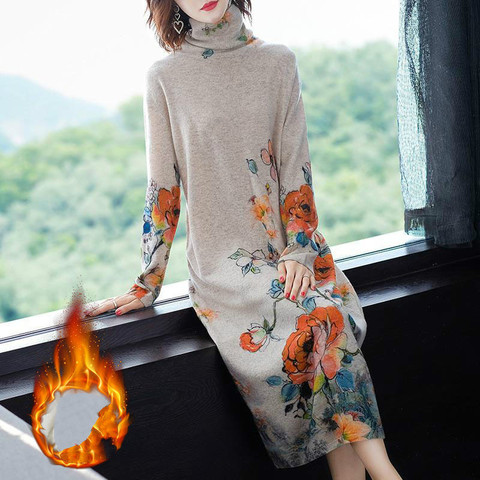 2022 Autumn Winter Fashion Vintage Casual Floral Knit O-Neck Warm Sweater Dress 4XL Plus Size Bodycon Elegant Long Sweater Y427 ► Photo 1/6