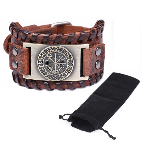 Skyrim Viking Compass Genuine Leather Bracelet for Man Vintage Punk Nordic Runes Odin Symbol Wrap Bangle Charm Bracekets Gift ► Photo 1/6