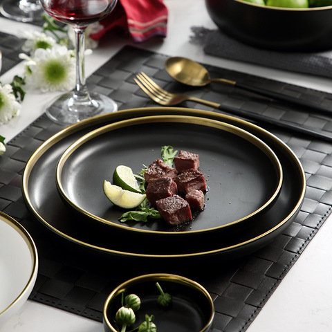 Nordic Gold Inlay Black Ceramic Food Plates Steak Plate Ceramic Bowl Spoon Saucer Dinner Plate Dinnerware Set Wholesale ► Photo 1/6