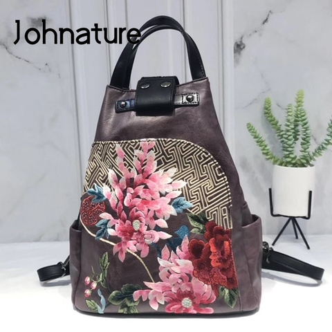 Johnature Vintage Bagpack 2022 New Chinese Style Handmade Embroidery Women Leather Bag Large Capacity Female Travel Backpack ► Photo 1/6