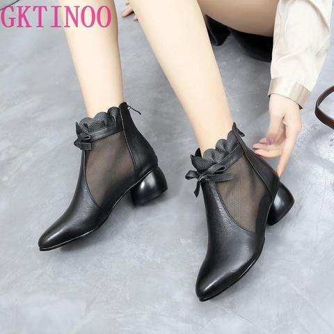 GKTINOO 2022 NEW Mesh Sandals Boots Women Ankle Boot for Summer Mid Heel Genuine Leather Ponited toe Shoes Hollow out Back Zip ► Photo 1/6