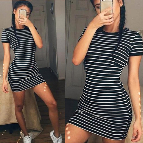 Summer Round Neck Enough Stock Short-sleeved Dress Black And White Striped Dresses Casual Elegant Sheath Slim Dress Dropshipping ► Photo 1/5