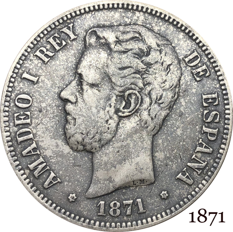 Spain 5 Pesetas Amadeo I 1871 REY DE ESPANA Bust of Amadeo I facing left and the date below Cupronickel Silver Plated Copy Coin ► Photo 1/6