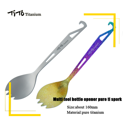 TiTo Titanium Spork Longhandle Outdoor travel spoon fork Portabale Flatware Camping fork spoon sports Backpacking bottle opener ► Photo 1/6