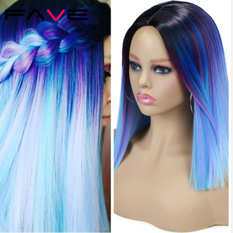 FAVE Ombre Short Bob Synthetic Wig Blue Purple Rainbow Colorful Straight Hair Middle Part Cosplay Heat Resistant Fiber For Women ► Photo 1/6