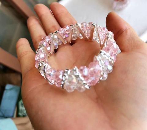 one piece PINK & WHITE FACETED CRYSTAL GLASS ELASTIC BRACELET gcb1040 ► Photo 1/2